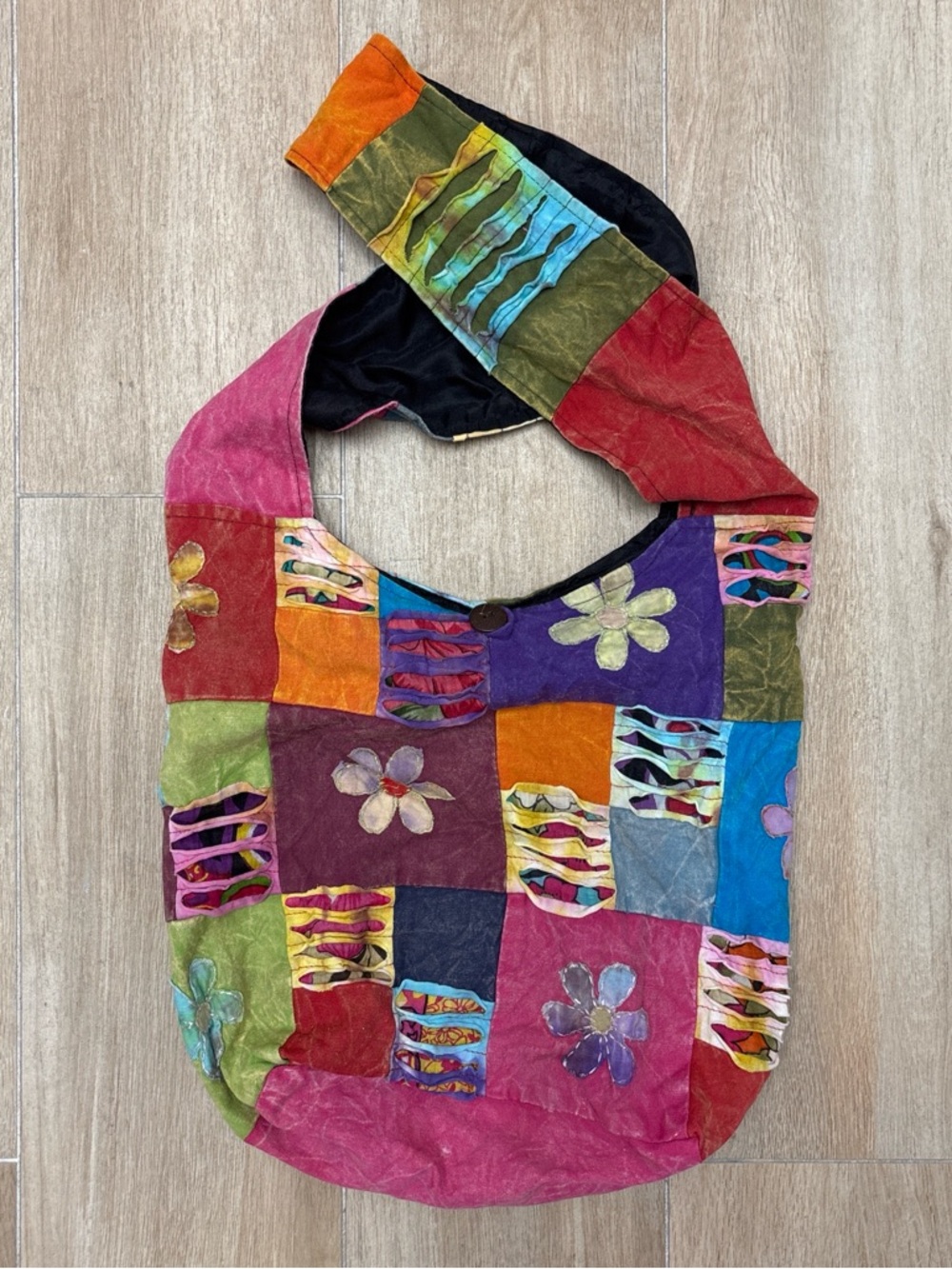 Boho Multicolor Patchwork Shoulder Bag with Floral Accents